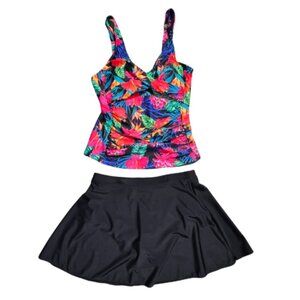NWOT | Vibrant Tropical Floral 2-Piece Tankini Set | Ruched | Swim Skirt | Mediu